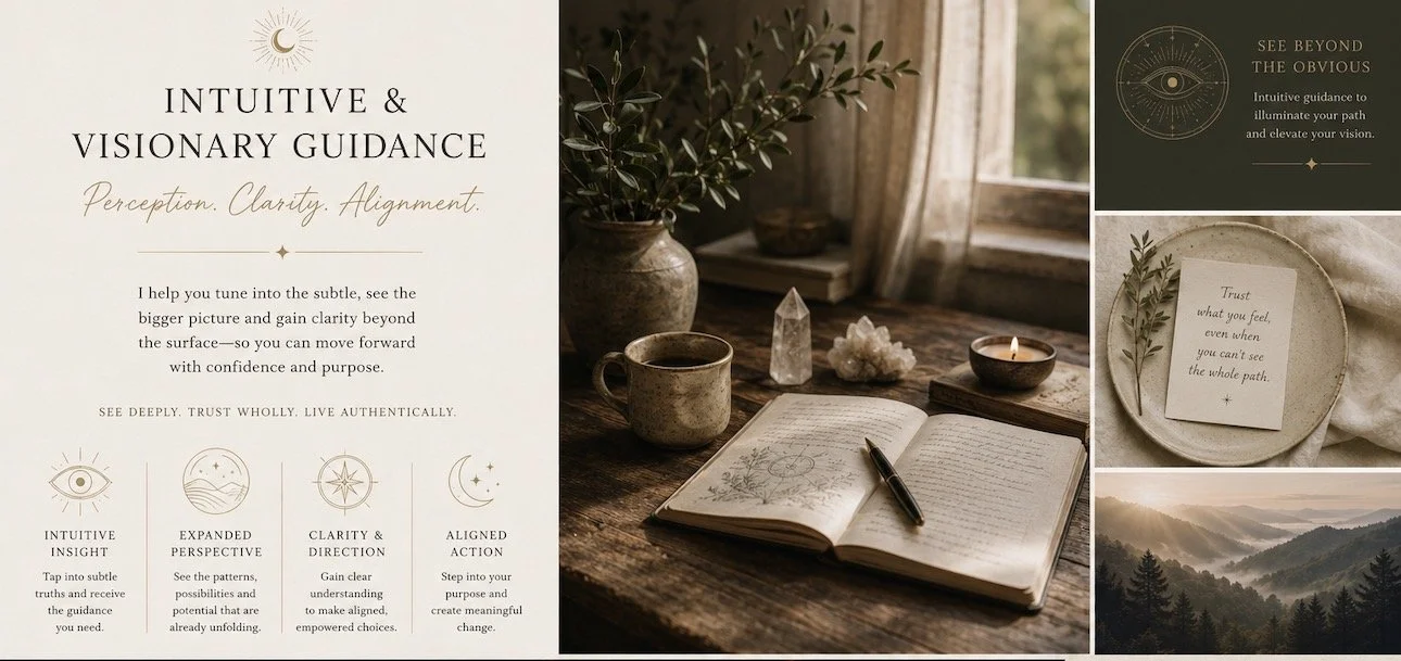 A digital collage promoting intuitive and visionary guidance, featuring text about tuning into subtle truths, a cozy workspace with an open journal, a cup of coffee, crystals, and nature scenes.