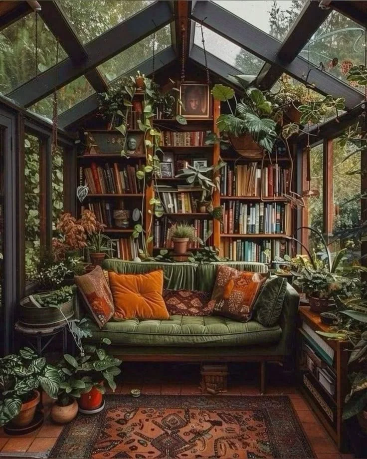 A cozy sunroom filled with books, plants, and colorful cushions on a green vintage sofa, with glass ceiling and windows revealing greenery outside.