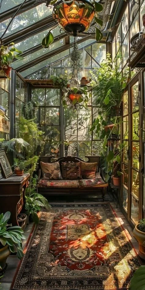 Sunlit botanical greenhouse with glass walls and ceiling, filled with lush green plants, a vintage loveseat with patterned cushions, and a Persian-style rug on the floor.