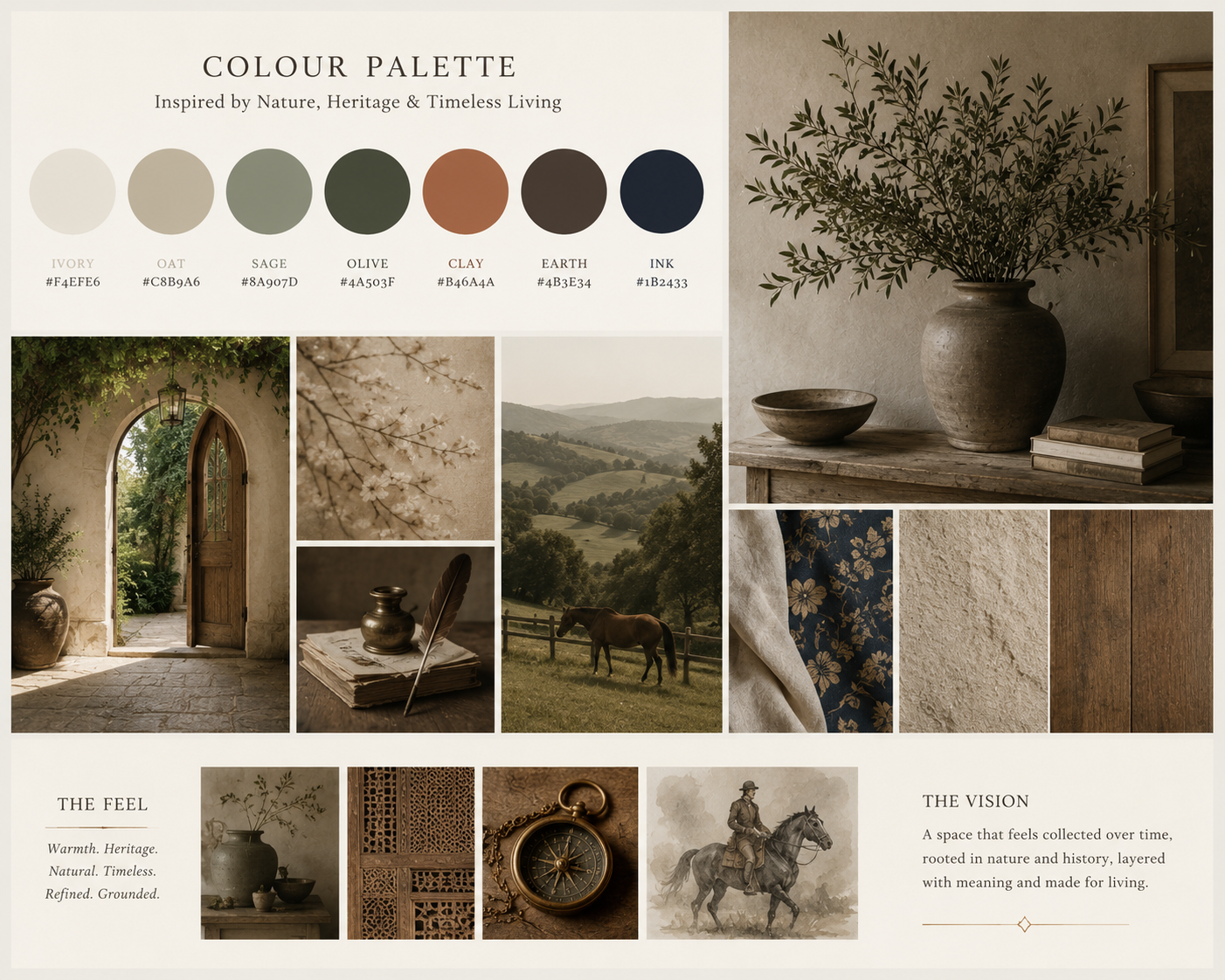 A collage of earthy-toned images and color palette swatch, including a rustic doorway framed by greenery, cherry blossoms, rolling hills with a horse, a large vase with greenery, textured fabric, wood planks, and vintage objects, illustrating a nature-inspired aesthetic.