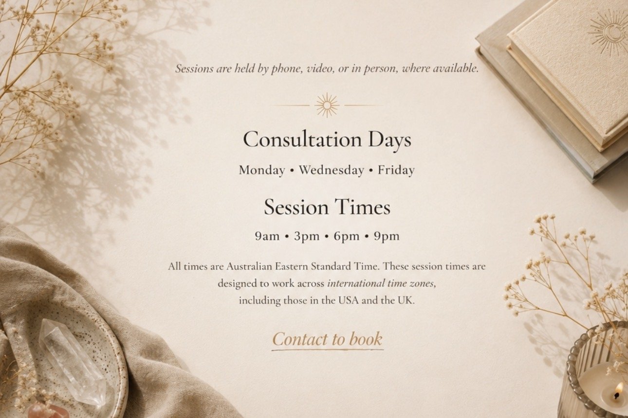 A consultation schedule sheet with consultation days on Monday, Wednesday, and Friday, and session times at 9am, 3pm, 6pm, and 9pm. The sheet is decorated with dried flowers, books, and a crystal on a soft fabric, conveying a calming and natural aesthetic.