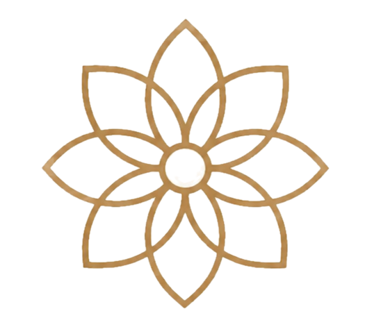 Stylized symmetrical flower design with overlapping petals outlined in gold, filled with shades of yellow and teal.