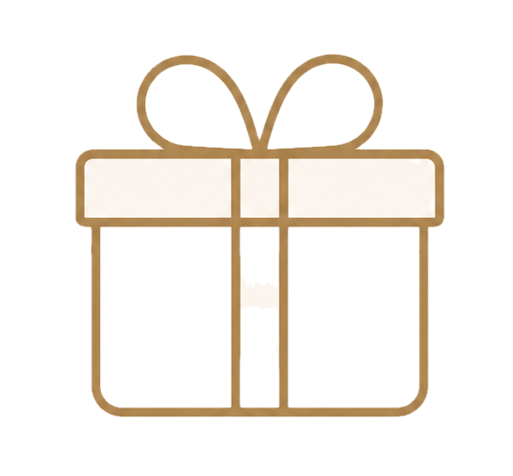 Illustration of a gift box with a bow on top, outlined in brown.