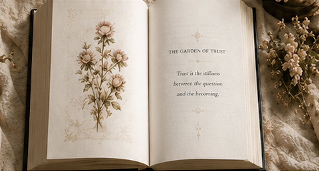 An open book titled "The Garden of Trust" with a quote about trust between question and becoming, surrounded by pink flowers and lace fabric.