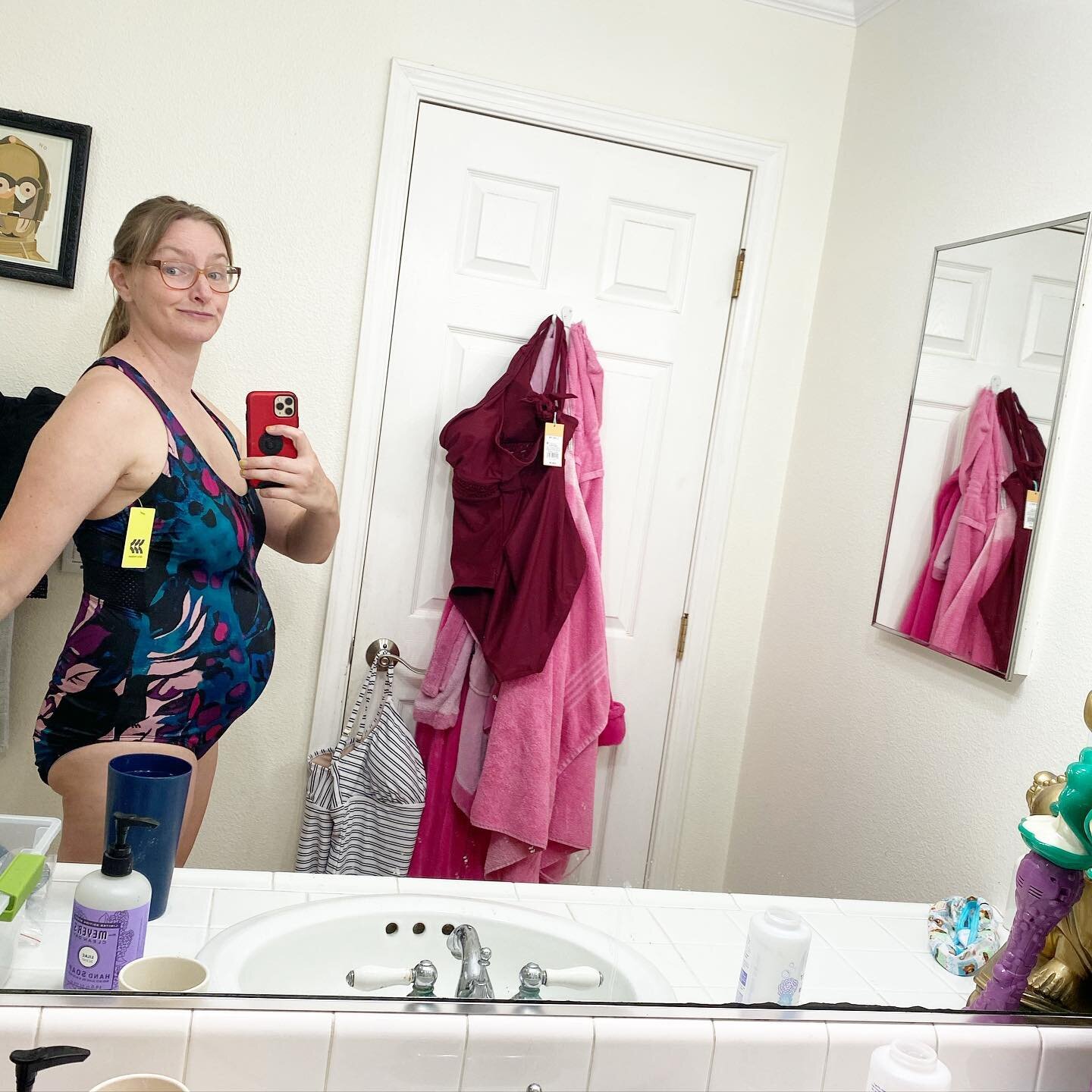 NOT pregnant, just a really unflattering swimsuit. Anyone else put on some pounds this year and just realize it since they wear pajamas every day and don&rsquo;t own a scale? The suit I chose is all black and I LOVE IT. Do you want to see the one I e