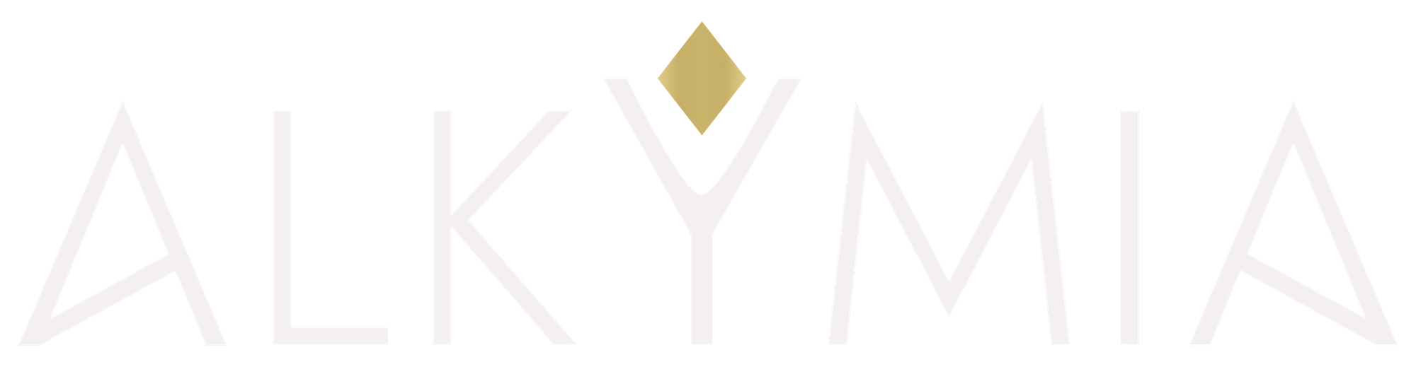 Logotipo con el nombre 'ALKYMIA' en letras estilizadas en color claro y un rombo dorado en la parte superior central.