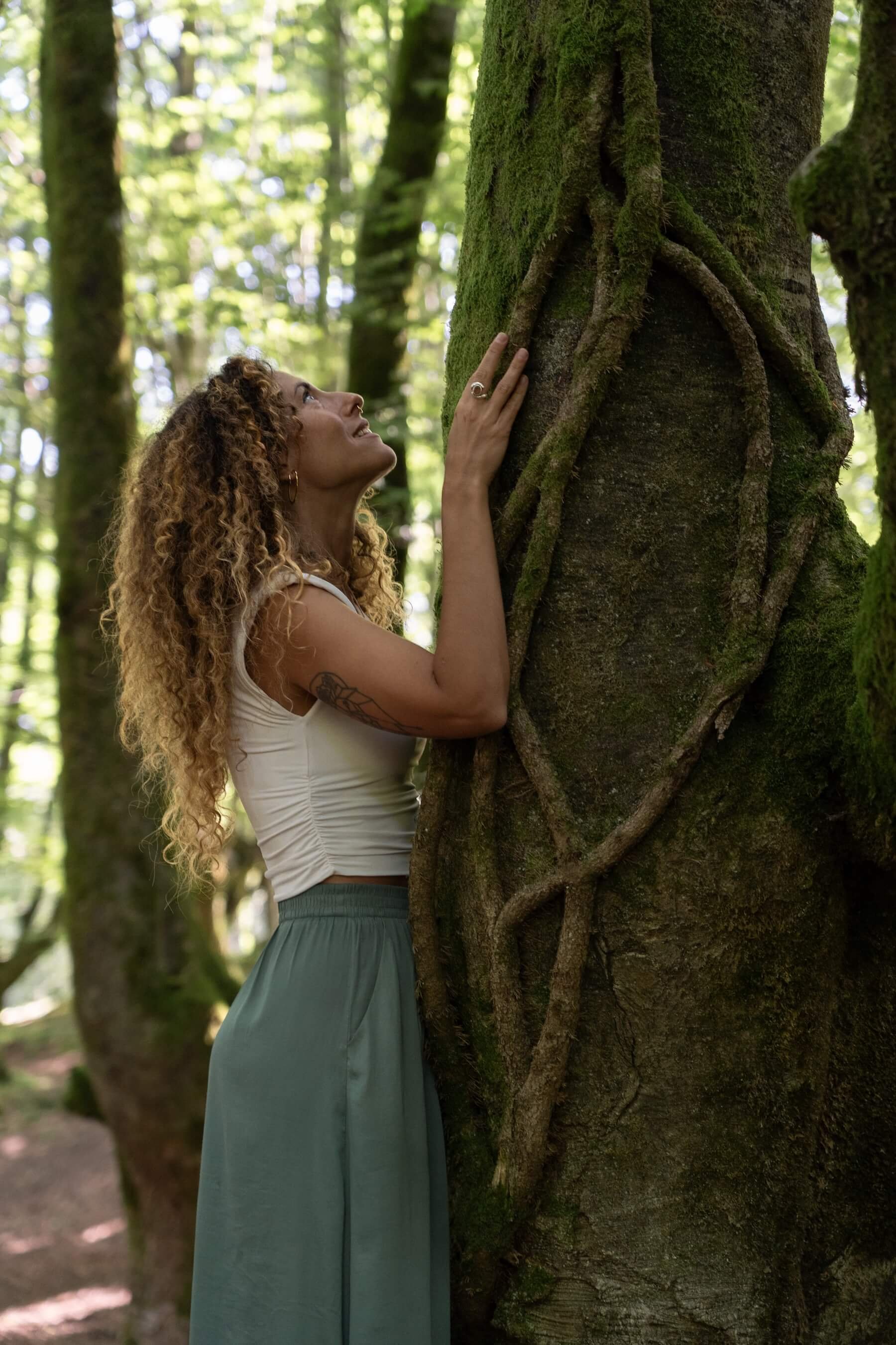 Ana mira hacia arriba y toca un árbol gigante en un bosque con árboles cubiertos de musgo y luz filtrada del sol.