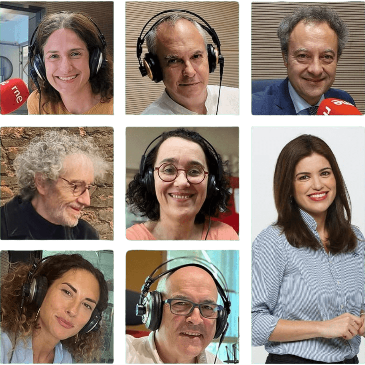 Conjunto de retratos de los varios conductores del programa de radio con auriculares y micrófonos.