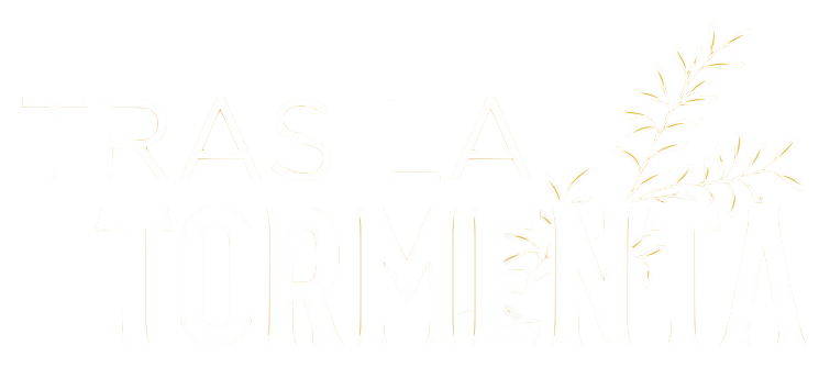 Texto en fondo negro que dice 'Tras la tormenta' con ramas decorativas.