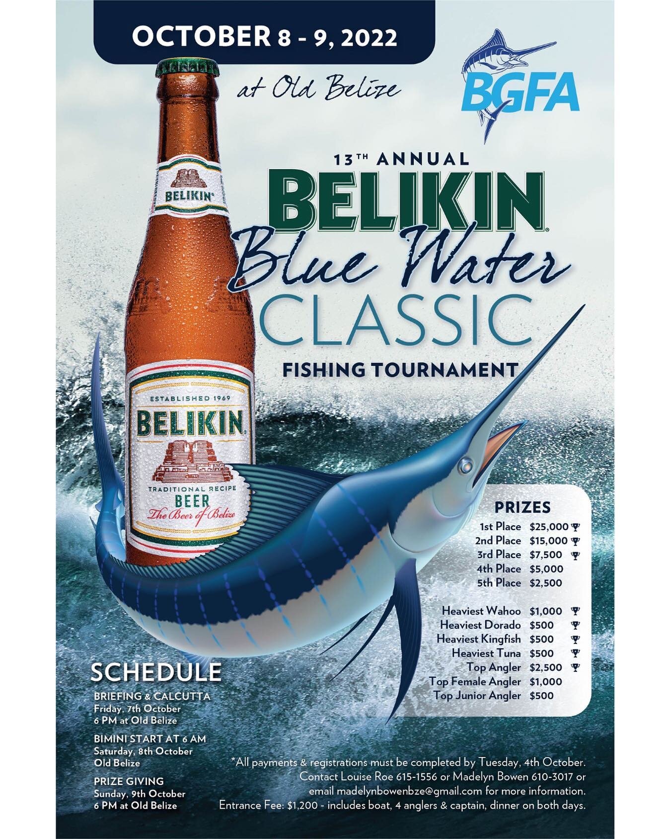 Anglers, get excited! Here are all the details you need for our flagship tournament, the 13th Annual Belikin Blue Water Classic! 🇧🇿 #BelizeBWC22 

It all starts at tournment base&mdash;Old Belize in Belize City&mdash;at 6 PM on Friday, October 7, w