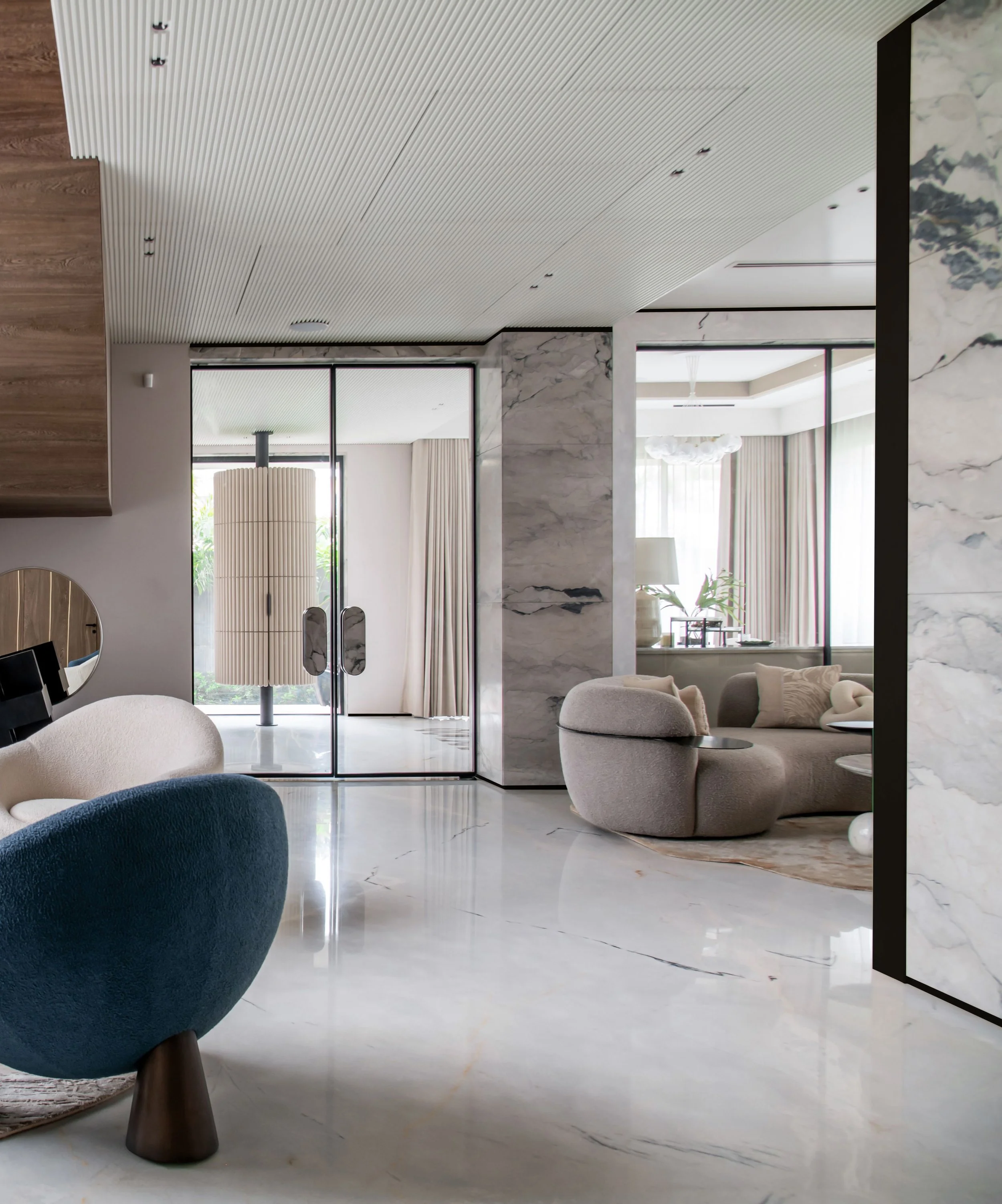 Modern living space with a warm, contemporary design and functional layout.