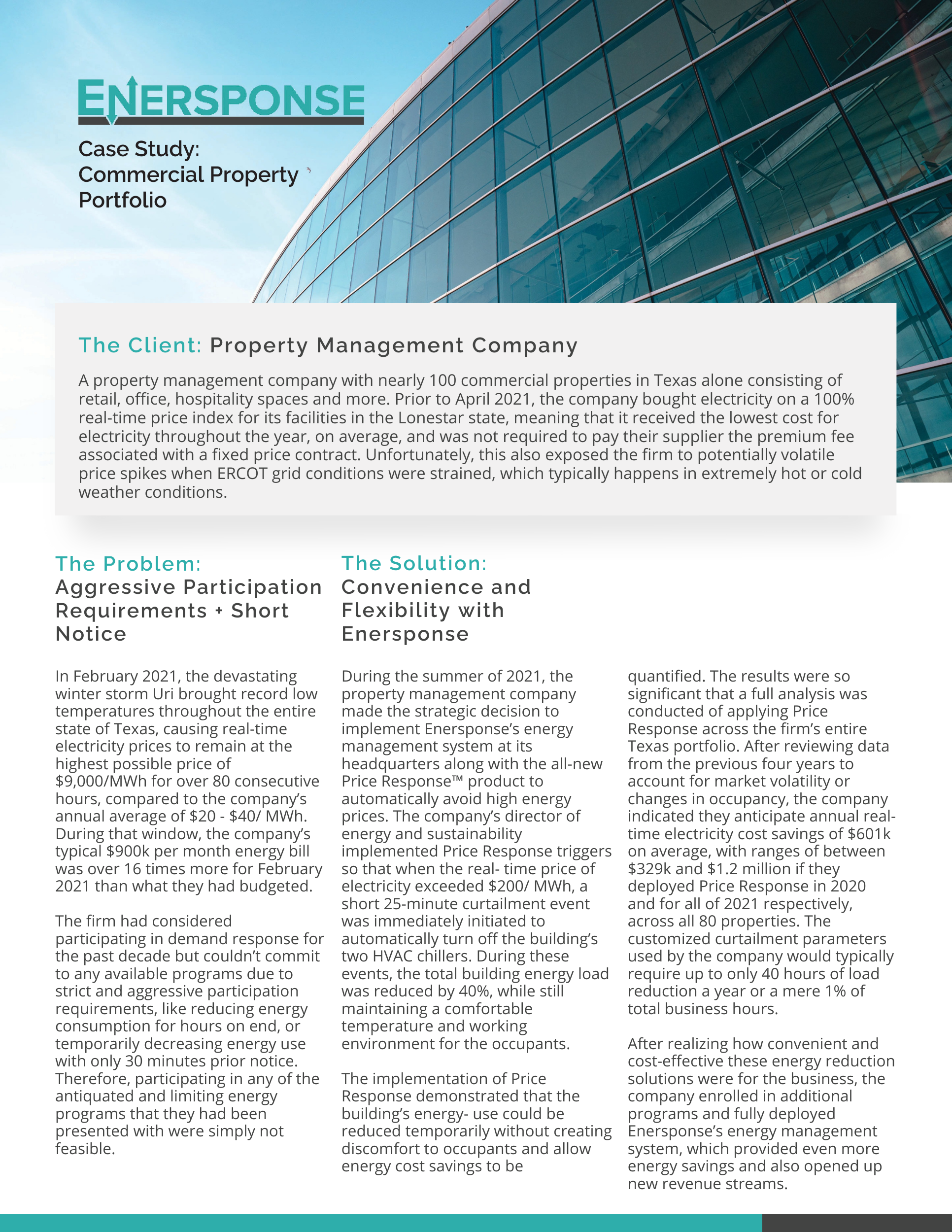 Page of a case study report titled 'Enersponse,' discussing a commercial property portfolio, with sections on the client, problem, and solution, and featuring a modern glass building on the background.