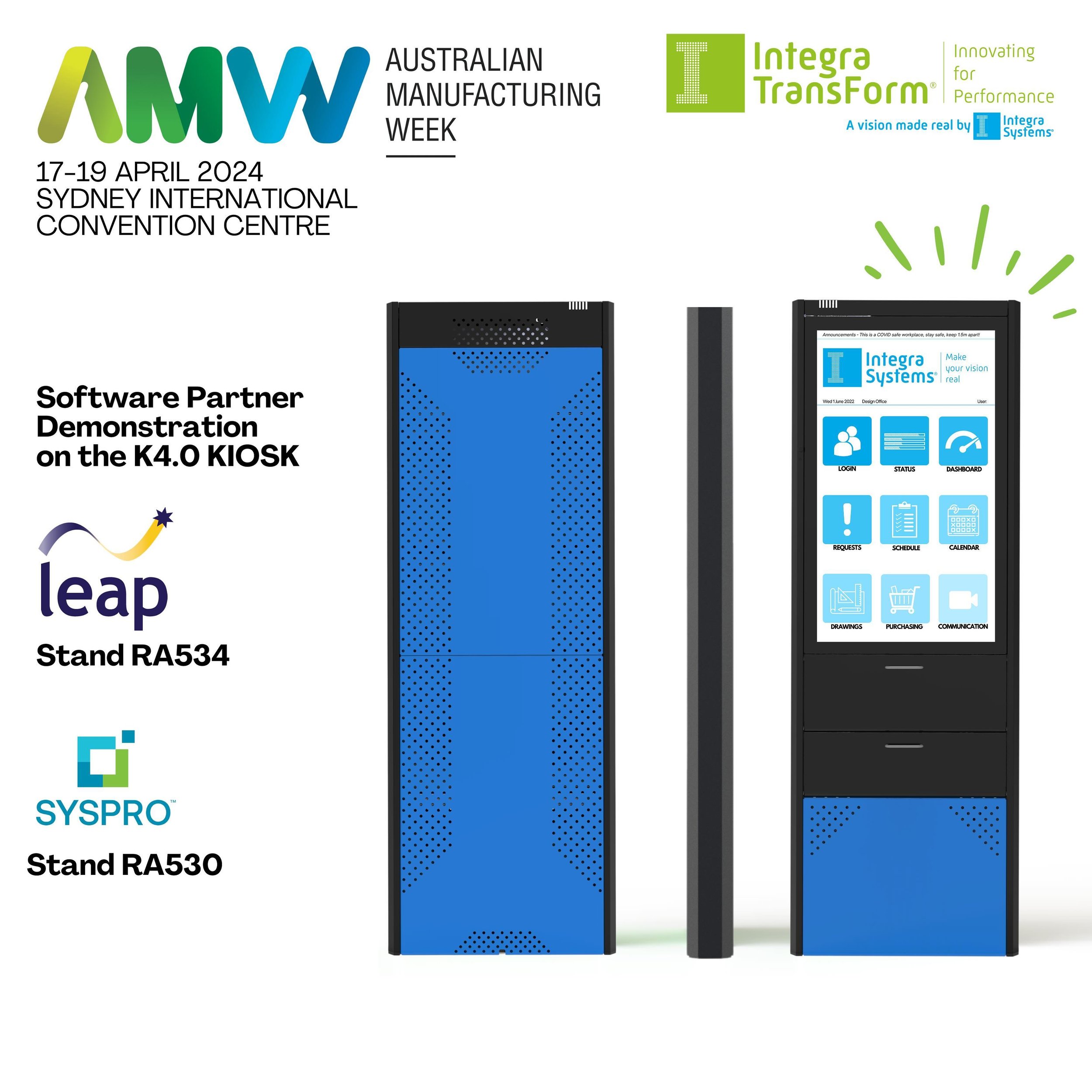 Come and visit us at Australian Manufacturing Week on our partners&rsquo; stands - @syspro_ and @leap_australia - where you can see the K4.0 Kiosk in action with their software!

#australianmanufacturingweek #amw2024 #industry4