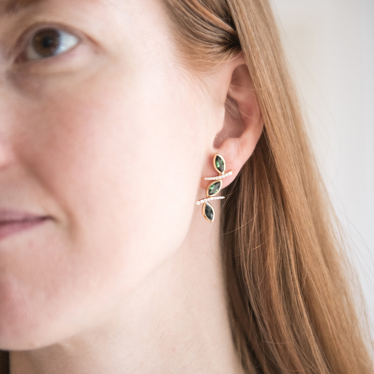 3 leaves with tourmalines and diamond earrings -18k gold - Anna Machado Jewelry Design NY