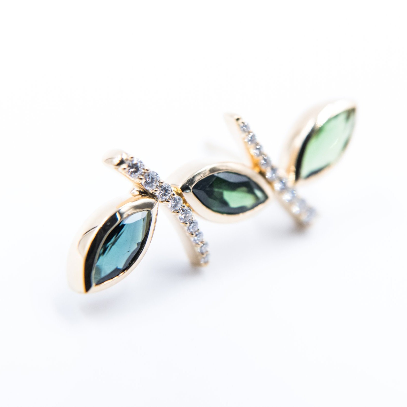3 leaves with tourmalines and diamond earrings -18k gold - Anna Machado Jewelry Design NY