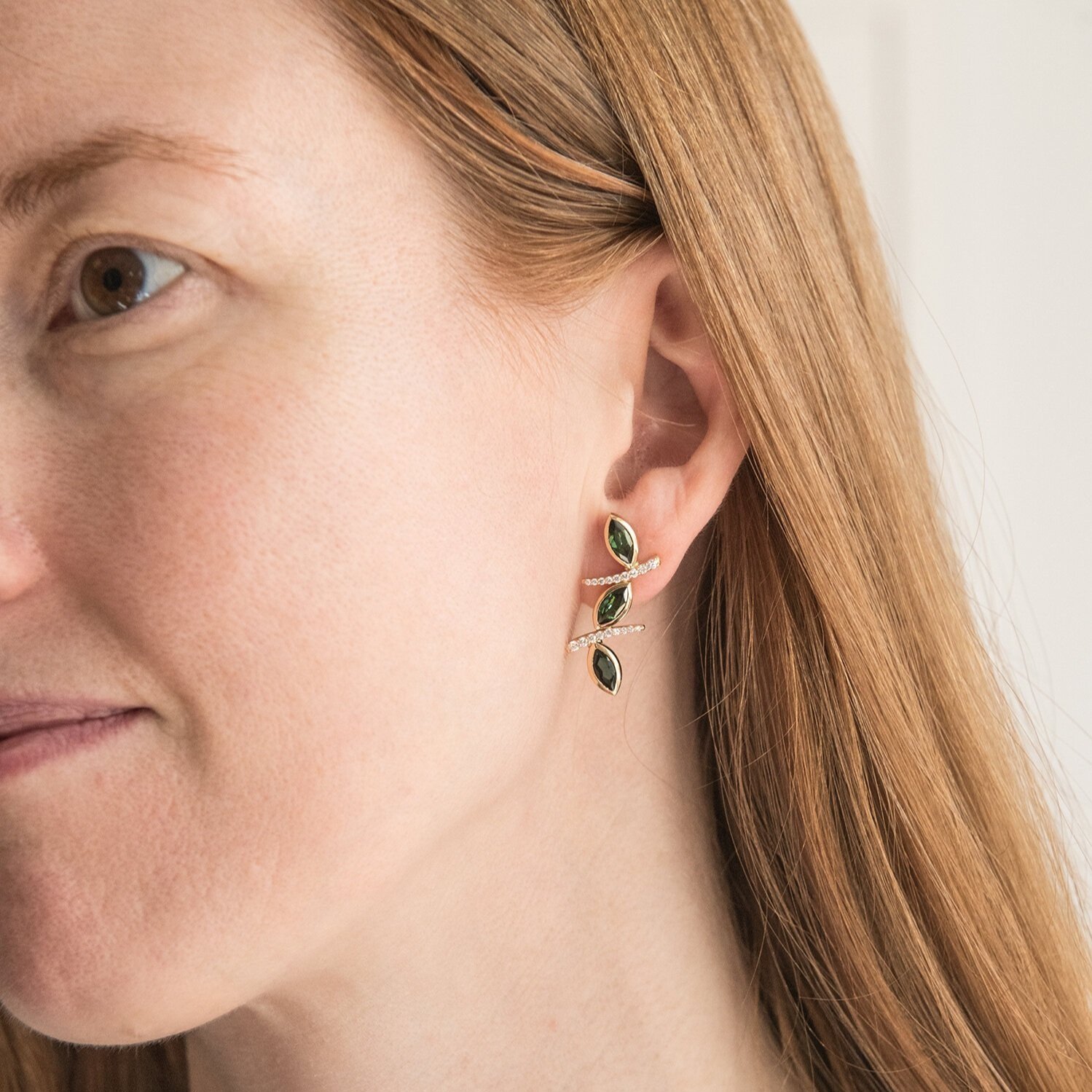 3 leaves with tourmalines and diamond earrings -18k gold - Anna Machado Jewelry Design NY