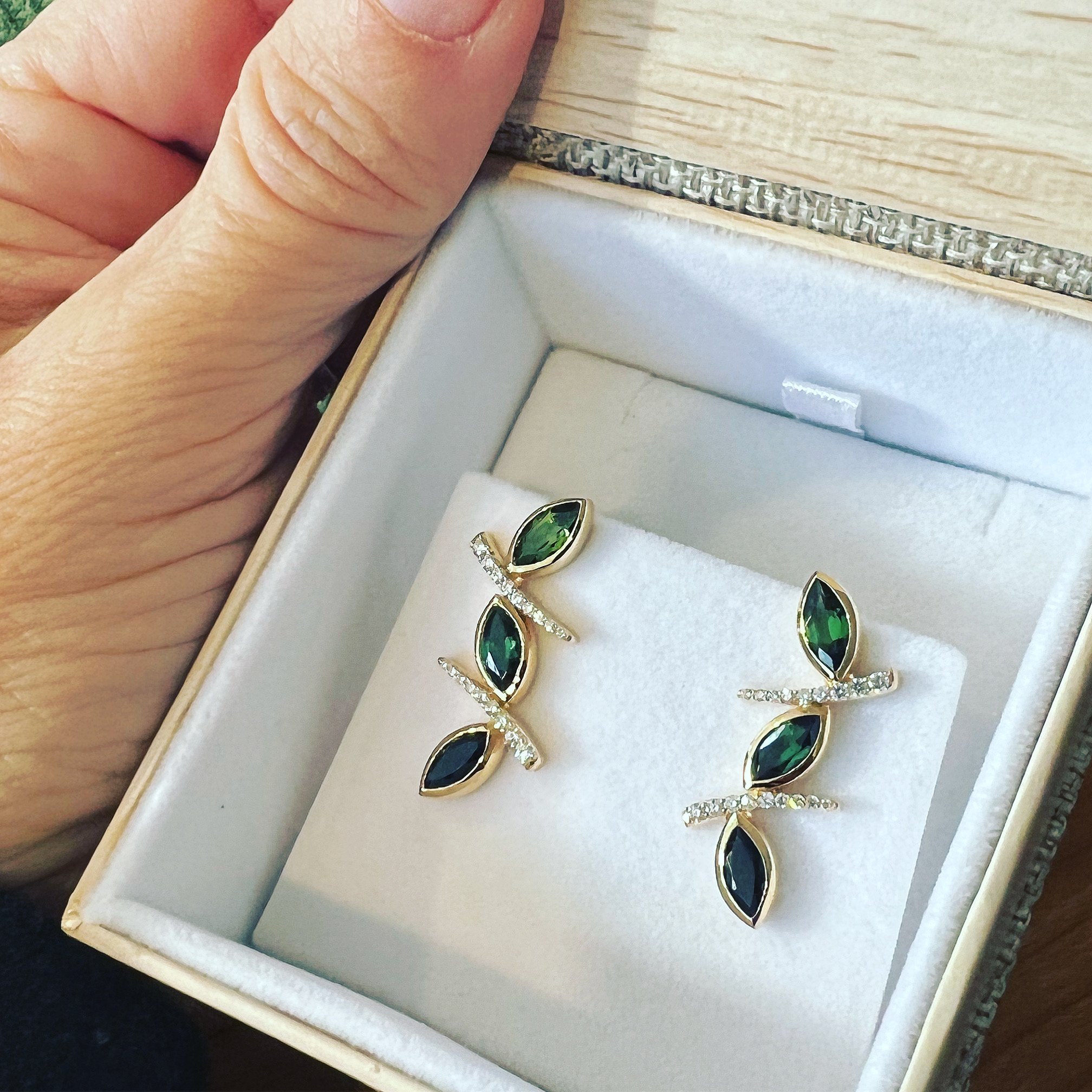 3 leaves with tourmalines and diamond earrings -18k gold - Anna Machado Jewelry Design NY