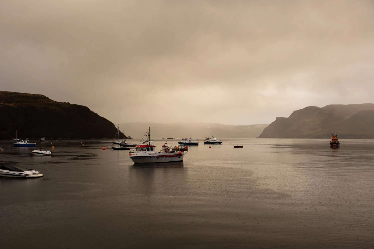 Creel fishing boats, tour boats, and others dock at the harbor in Portree, Scotland. 