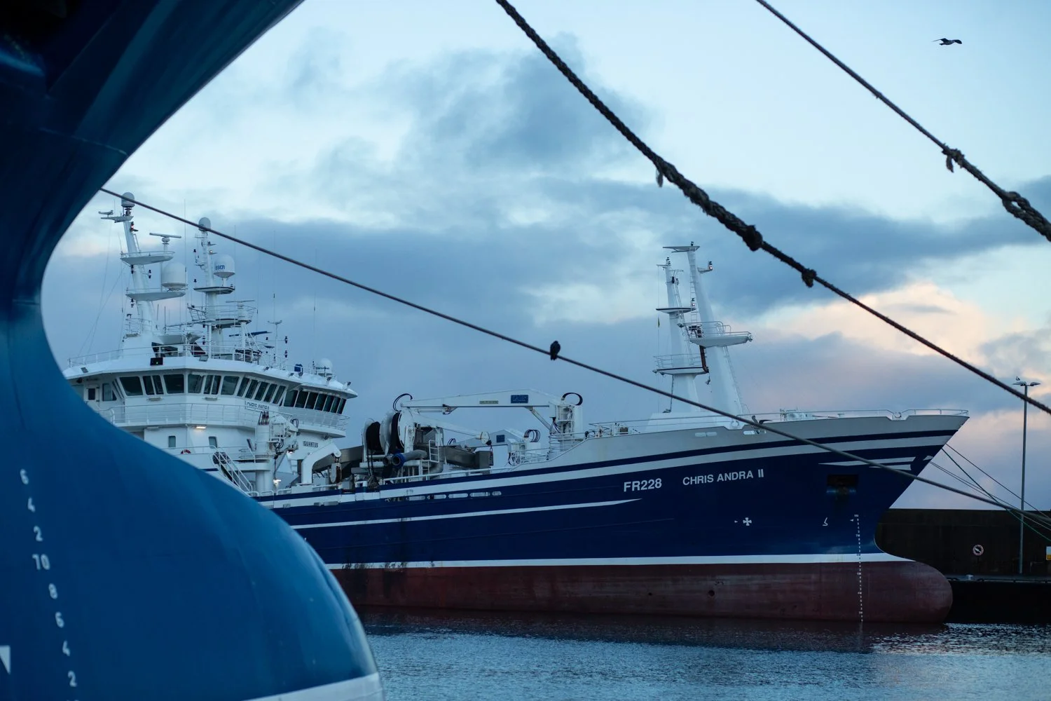 The Chris Andra is a large trawling vessel docked in Fraserburgh, Scotland.