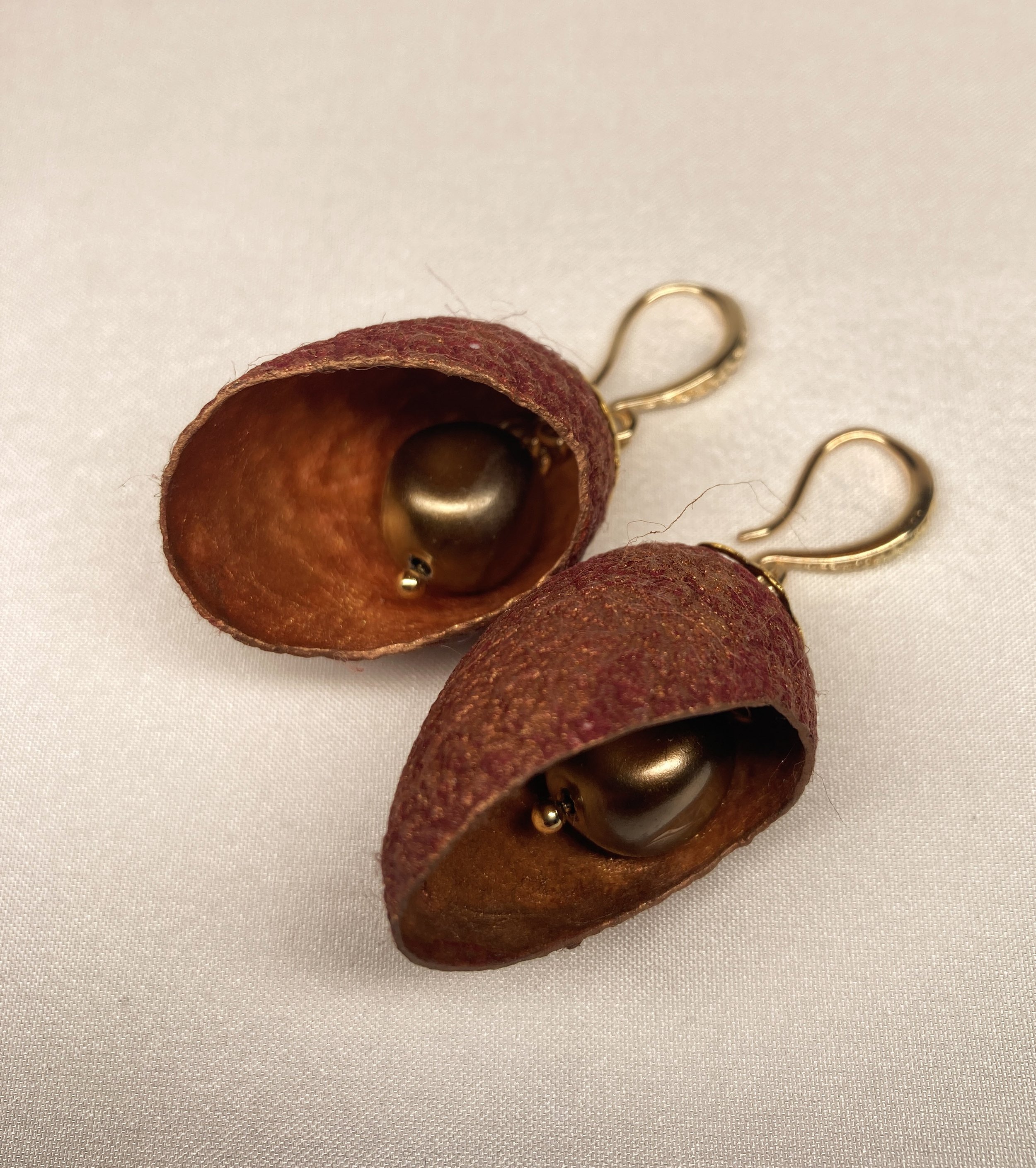Maroon with brown pearl bead silk cocoon earrings