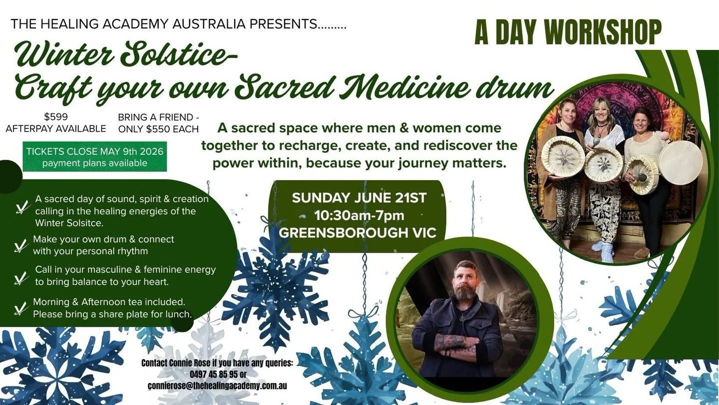 One week only to grab your tickets! 
This beautiful winter solstice event is a magical day of creation healing and connection! 
15 spaces 
Tickets on sale 1 week only 
Bring a friend for a discount! 
Make your drum 🥁 
All materials, ceremony, mornin