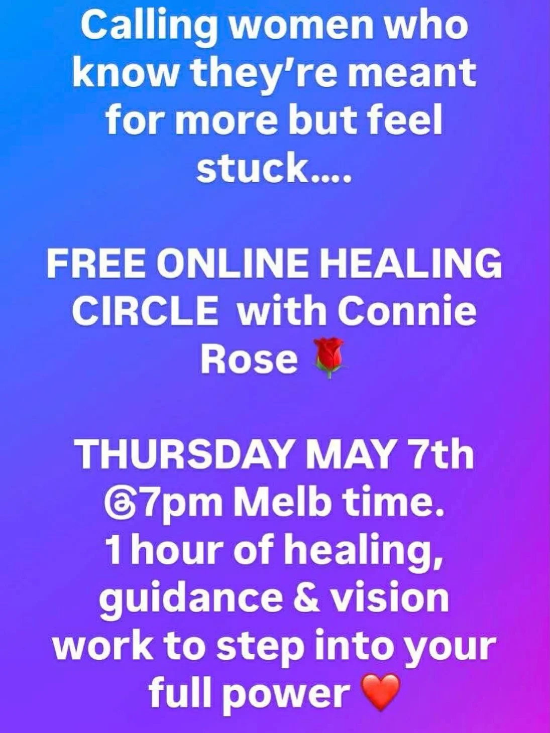 ✨ Calling women who know they&rsquo;re meant for more but feel stuck... ✨

You have the vision. You feel the calling. But something keeps you playing small.

Join me for a FREE online healing circle where we&rsquo;ll clear what&rsquo;s blocking your 