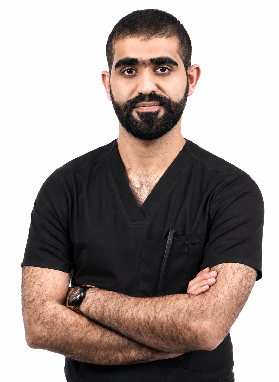 A male healthcare professional with dark hair and beard, wearing black scrubs and a watch, crossing his arms against a white background.
