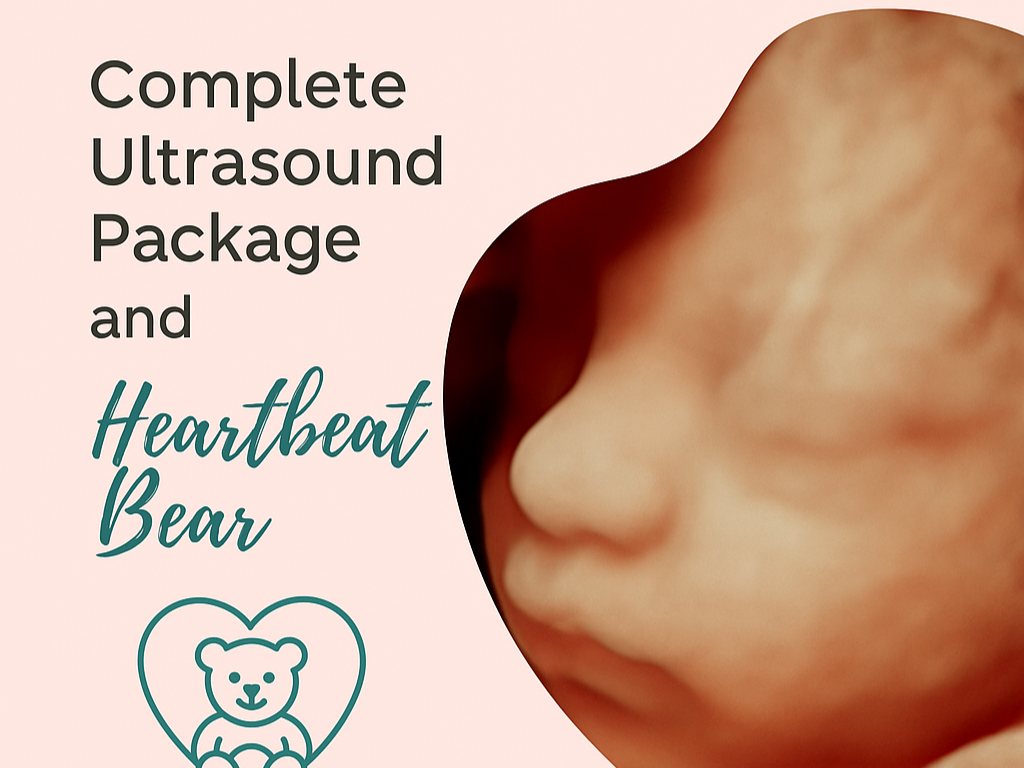 Promotional image featuring a 3D ultrasound of a baby and a display of stuffed animals. Text reads: "Complete Ultrasound Package and Heartbeat Bear. Record your baby's heartbeat." Price: $225.
