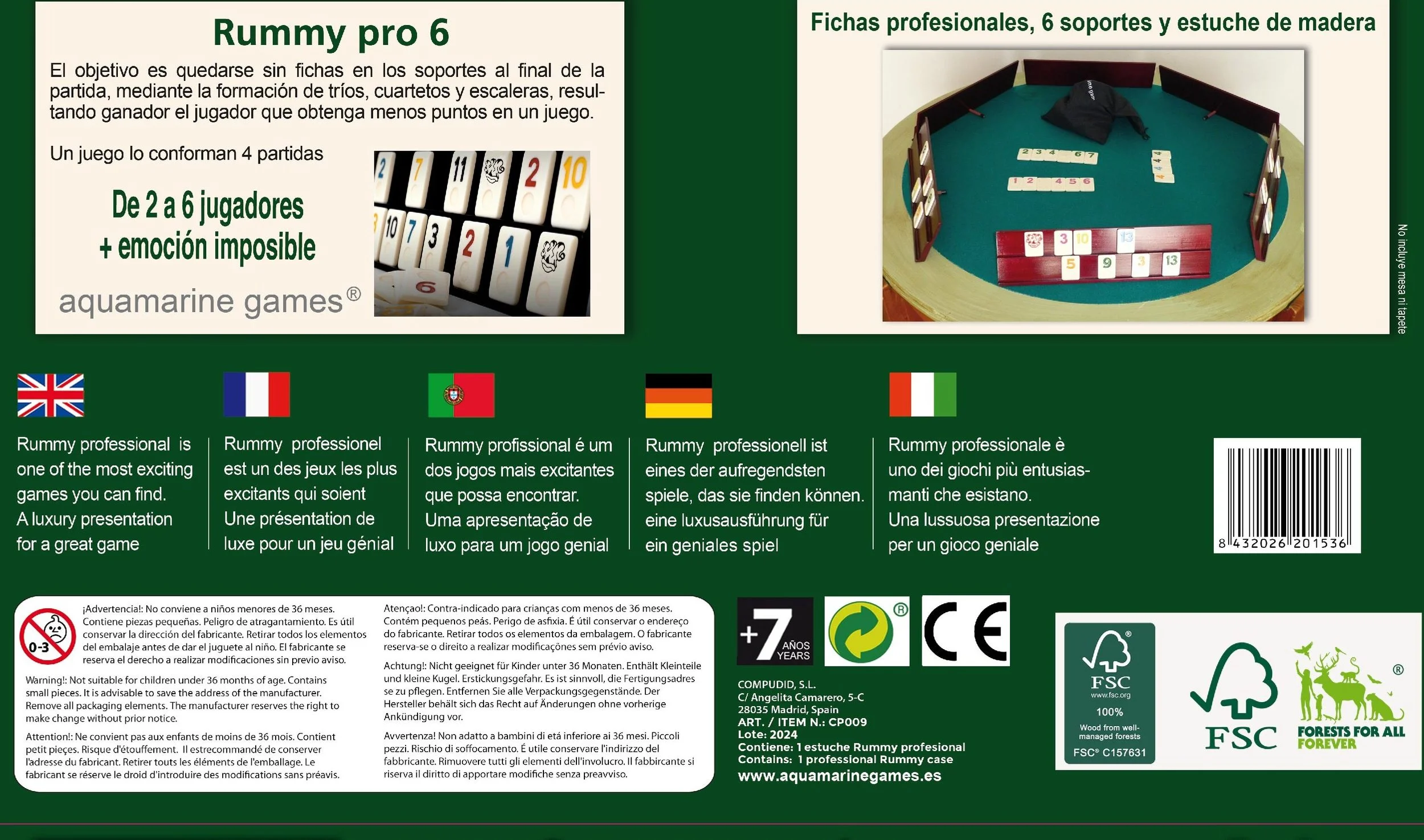 Aquamarine Games Rummy Profesional De Madera Para 6 Jugadores, Estuche De Madera Incluido, Juego De Estrategia Para Mantener La Agilidad Mental