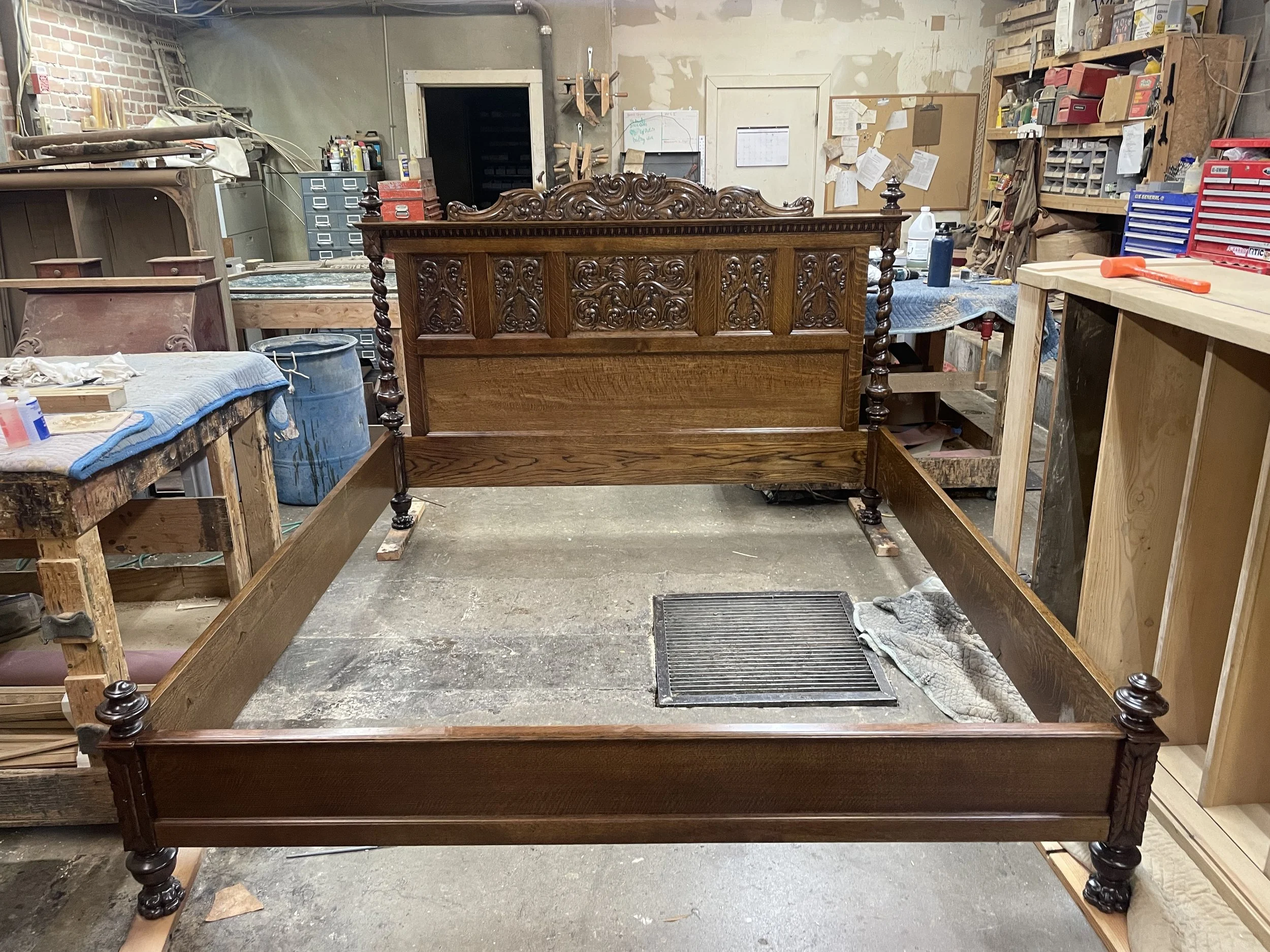 Refinished Antique Bed Frame Carved Headboard