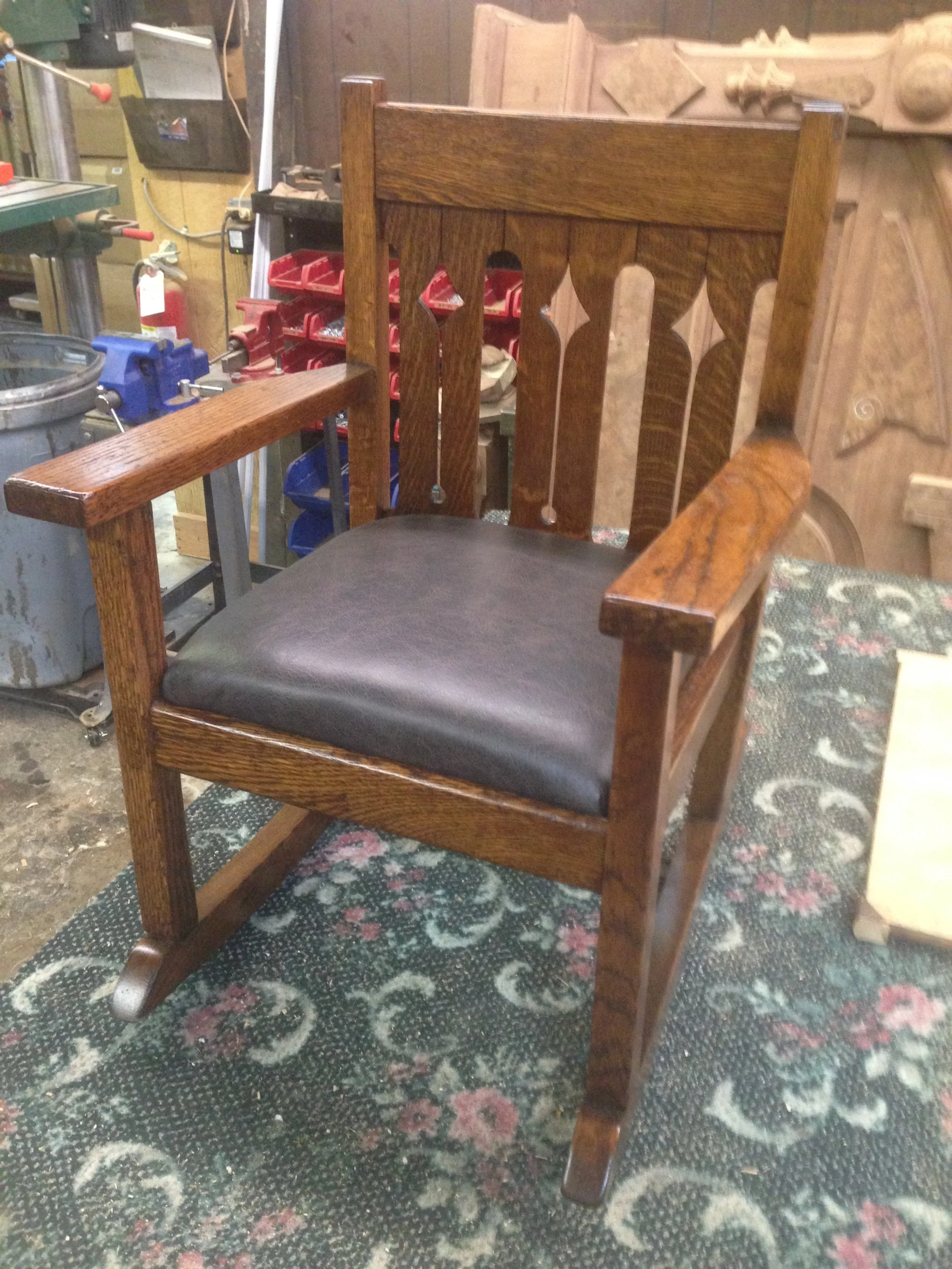 Refinished Mission Style Rocking Chair with New Leather Upholstery
