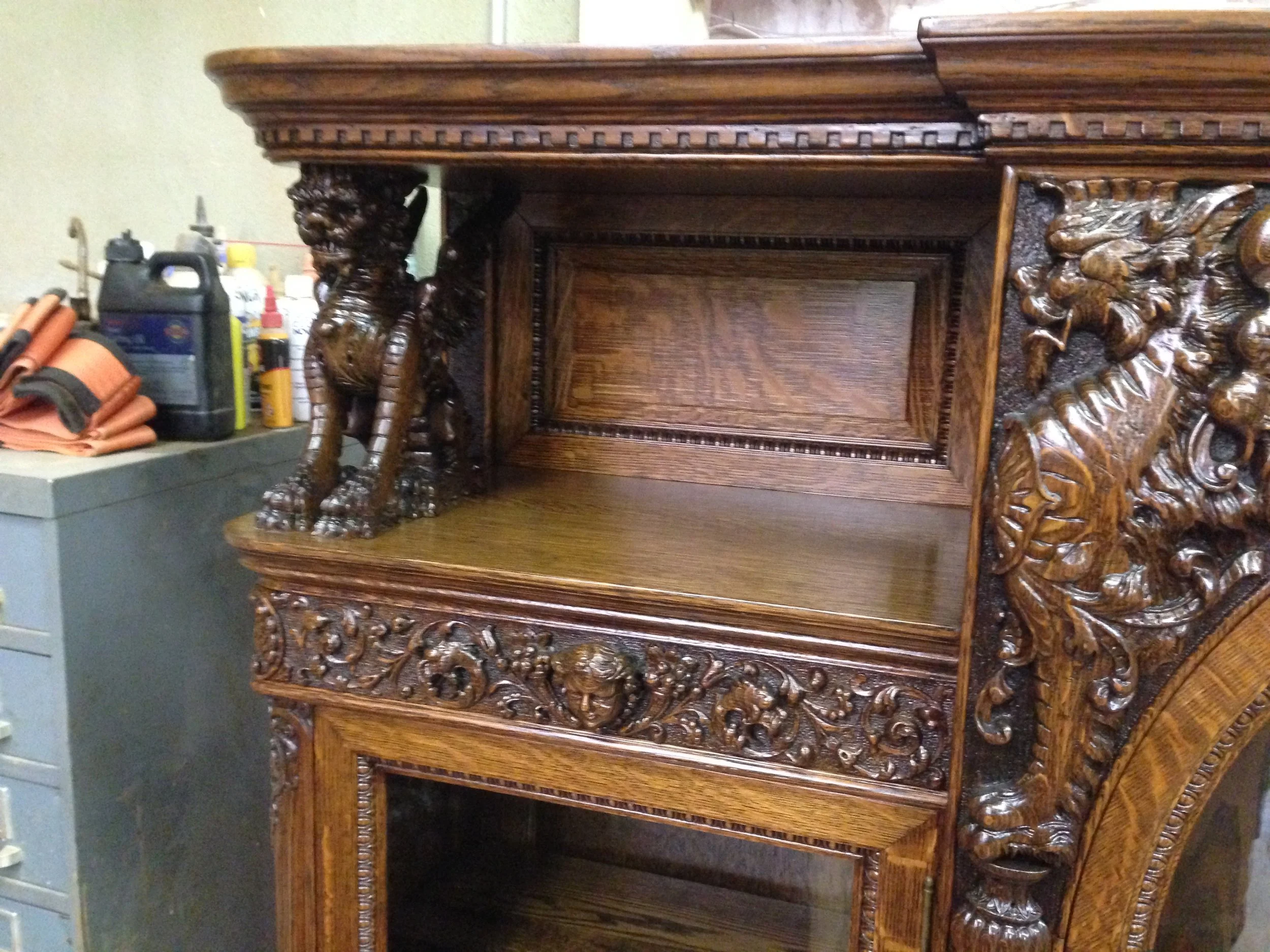 Refinished Antique China Cabinet with Carvings