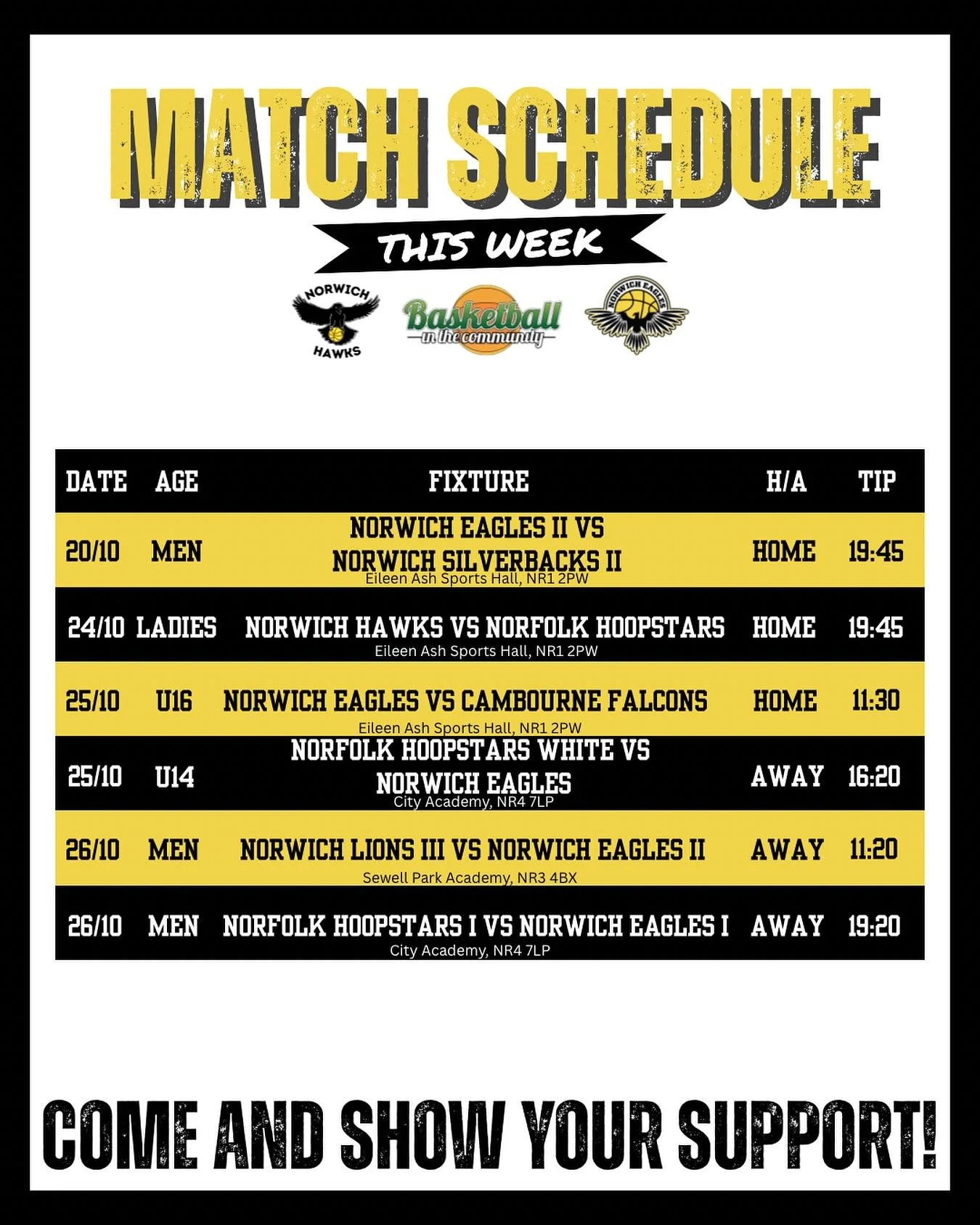 **MATCH SCHEDULE**
Tonight our men’s second team host Silverbacks II. Friday sees our ladies team play their second game of the season at home against a tough Norfolk Hoopstars. On Saturday our U14s take the short trip to Hoopstars before our