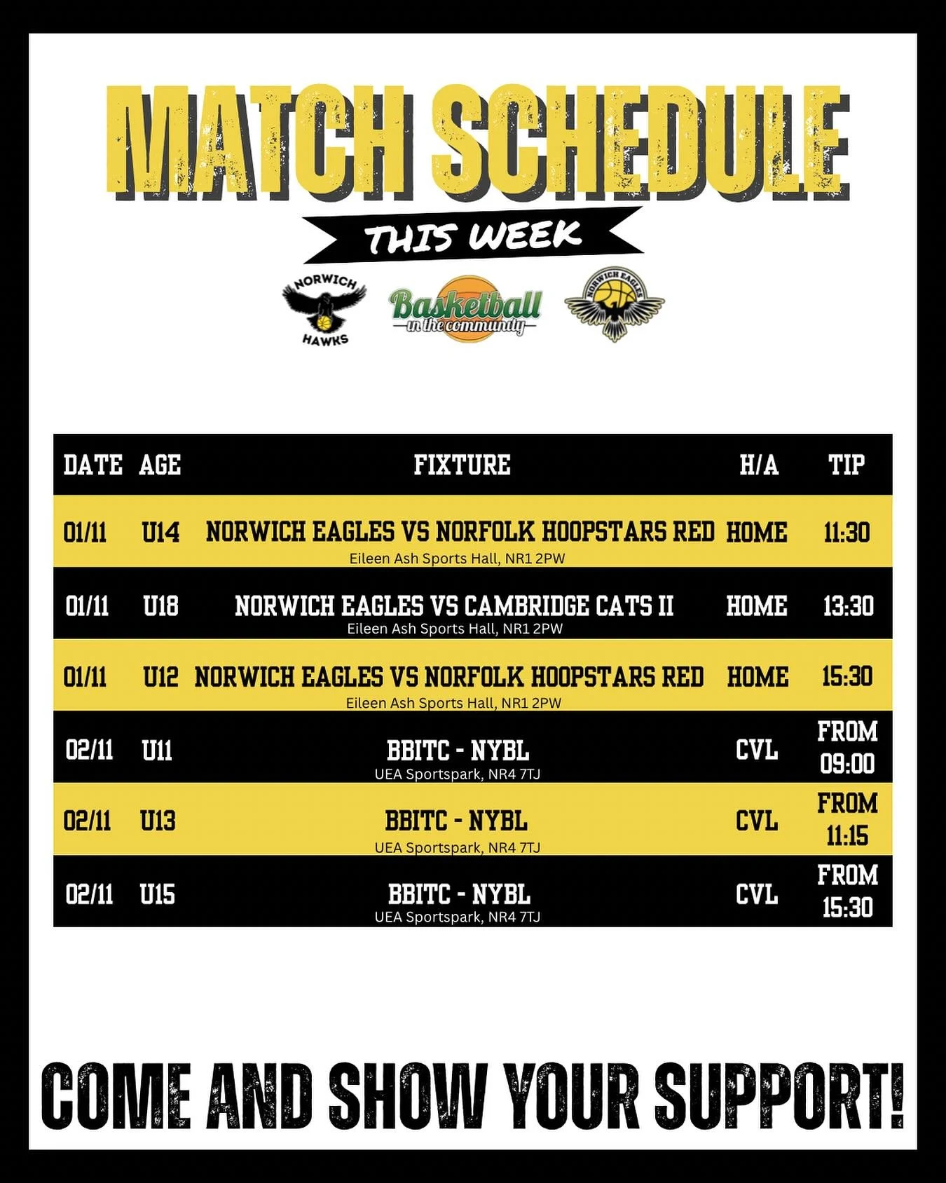 **MATCH SCHEDULE**
Saturday sees a triple header at home with our U12s, U14s and U18s all in action. Sunday then sees round two of the NYBL at UEA. We can’t wait to see how our players have developed. 
#NorwichHawks #NorwichEagles #BBITC #Bas