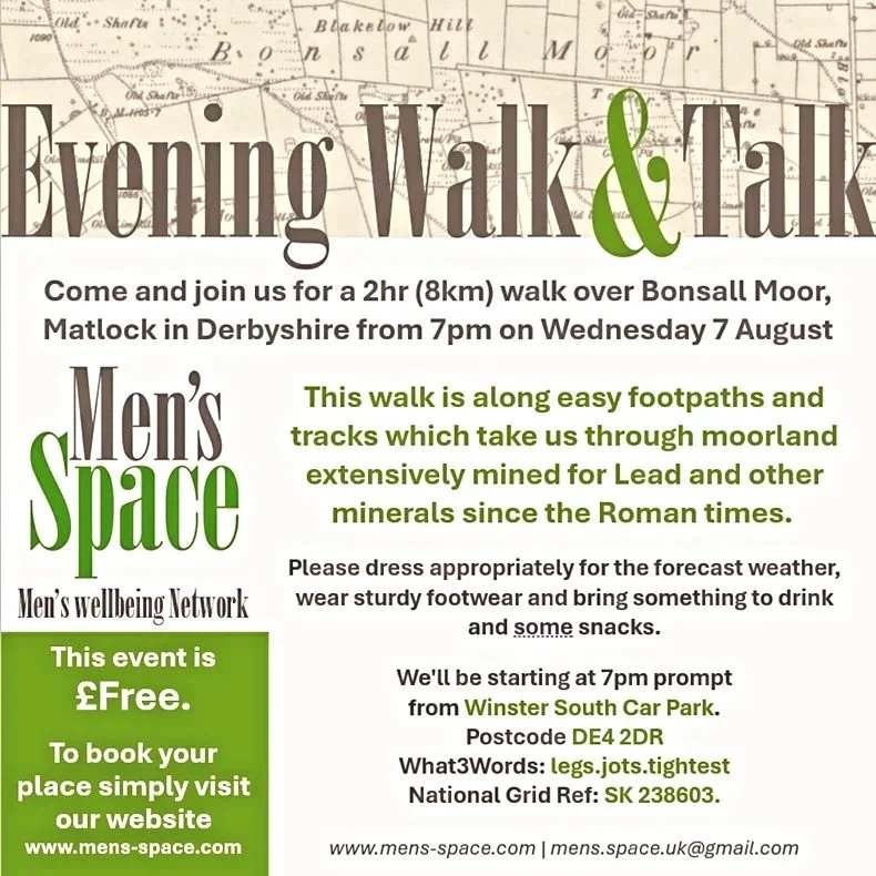 Come join Mick and Paul for a 2 hr (8km) walk over Bonsall Moor, Matlock in Derbyshire from the 7pm on Wednesday 7th August.

This walk is along easy footpaths and tracks which take us through moorlands extensively mined for lead and other minerals s