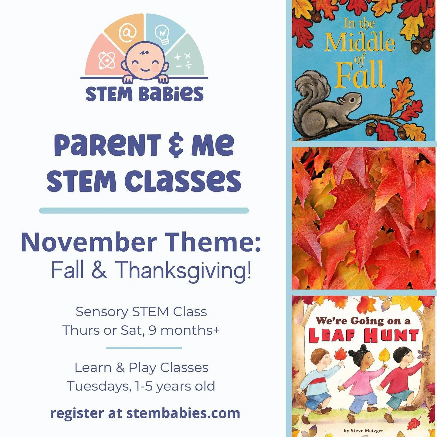 ✨Sensory STEM classes - Thursday and Saturday at 11am. 
✨ Learn &amp; Play classes - Tuesdays at 11am class 
Register with link in bio or go to stembabies.com 

***************************************
Parent &amp; Me classes that introduce early conc