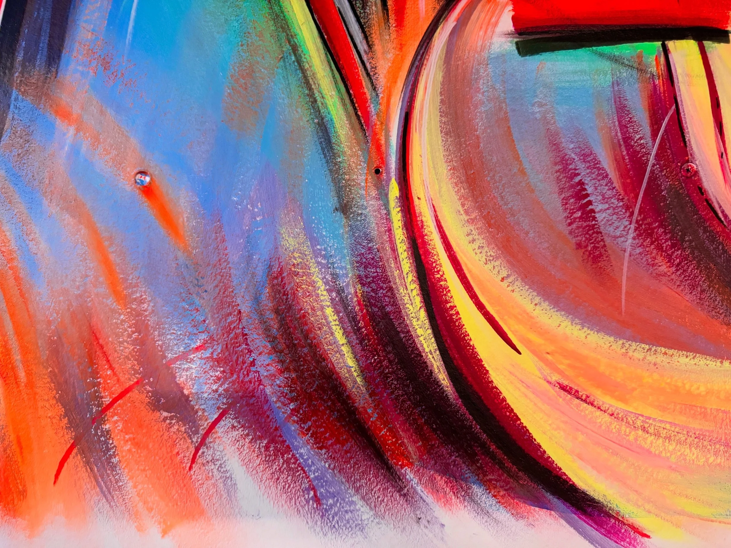 Vibrant abstract painting with bold swirls of red, orange, yellow, purple, green, black, blue, and white.