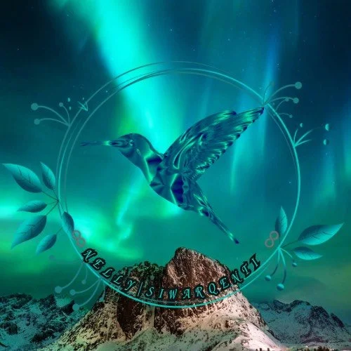 A digitally illustrated hummingbird with a background of the Northern Lights over mountains. The illustration is circular with floral design elements and includes the text "Welly Siwa Sengi."