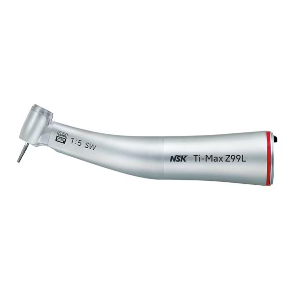 A dental drill handpiece, silver in color, labeled 'NSK Ti-Max Z99L' and '1:5 SW', with a red and black band near the end.