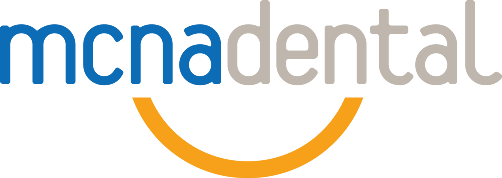 mcnadental logo in blue and grey with a yellow line from the n to n to form a smile