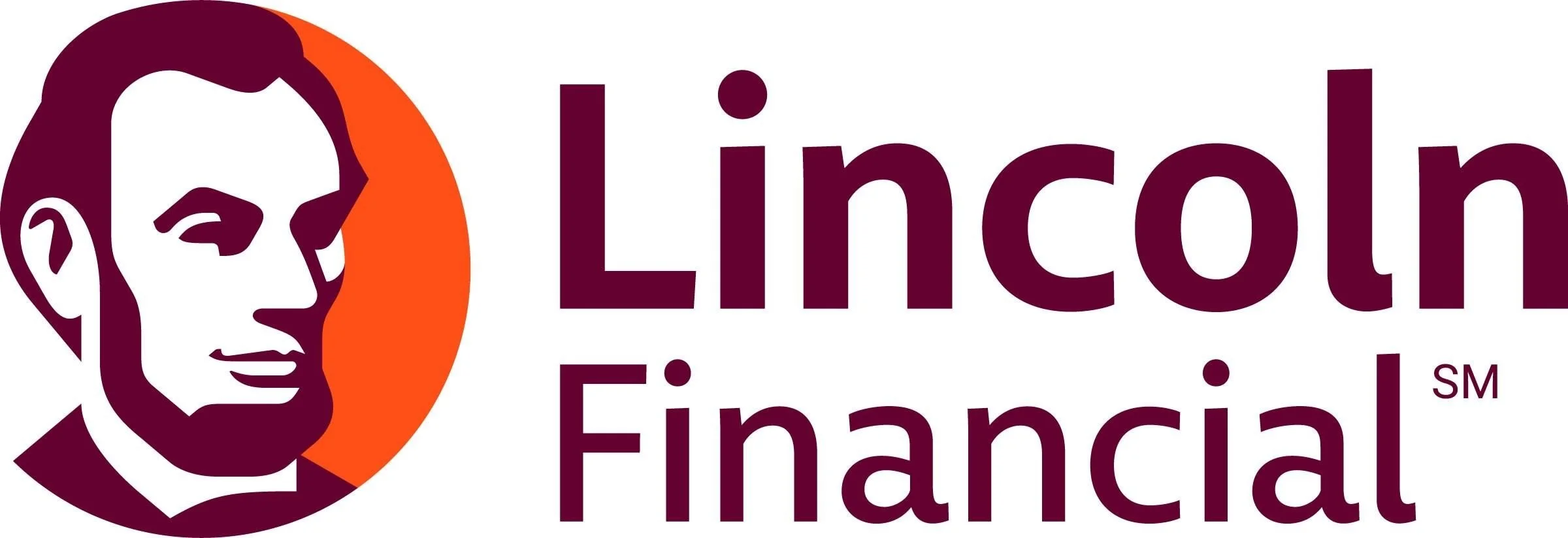 Minimalist stylized three quater head logo design of President Abraham Lincoln in burgundy and orange and the "Lincoln Financial" logo