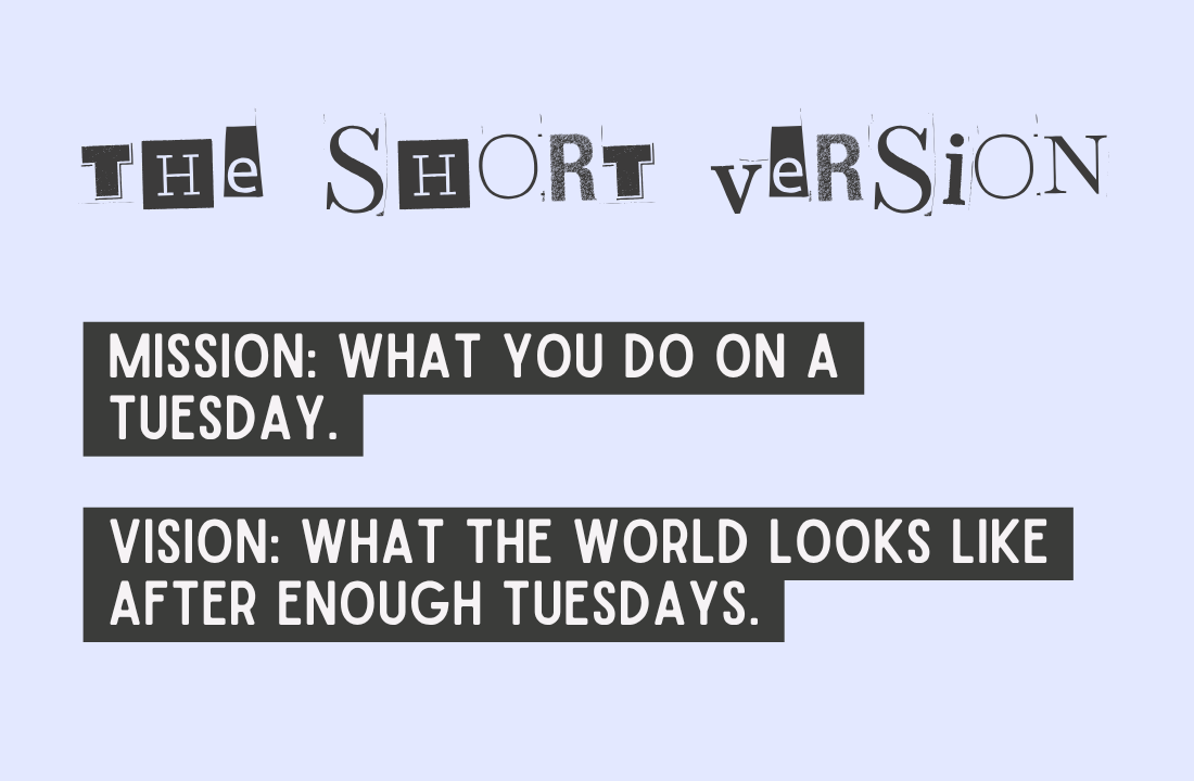 Mission: what you do on a Tuesday. Vision: what the world looks like after enough Tuesdays.
