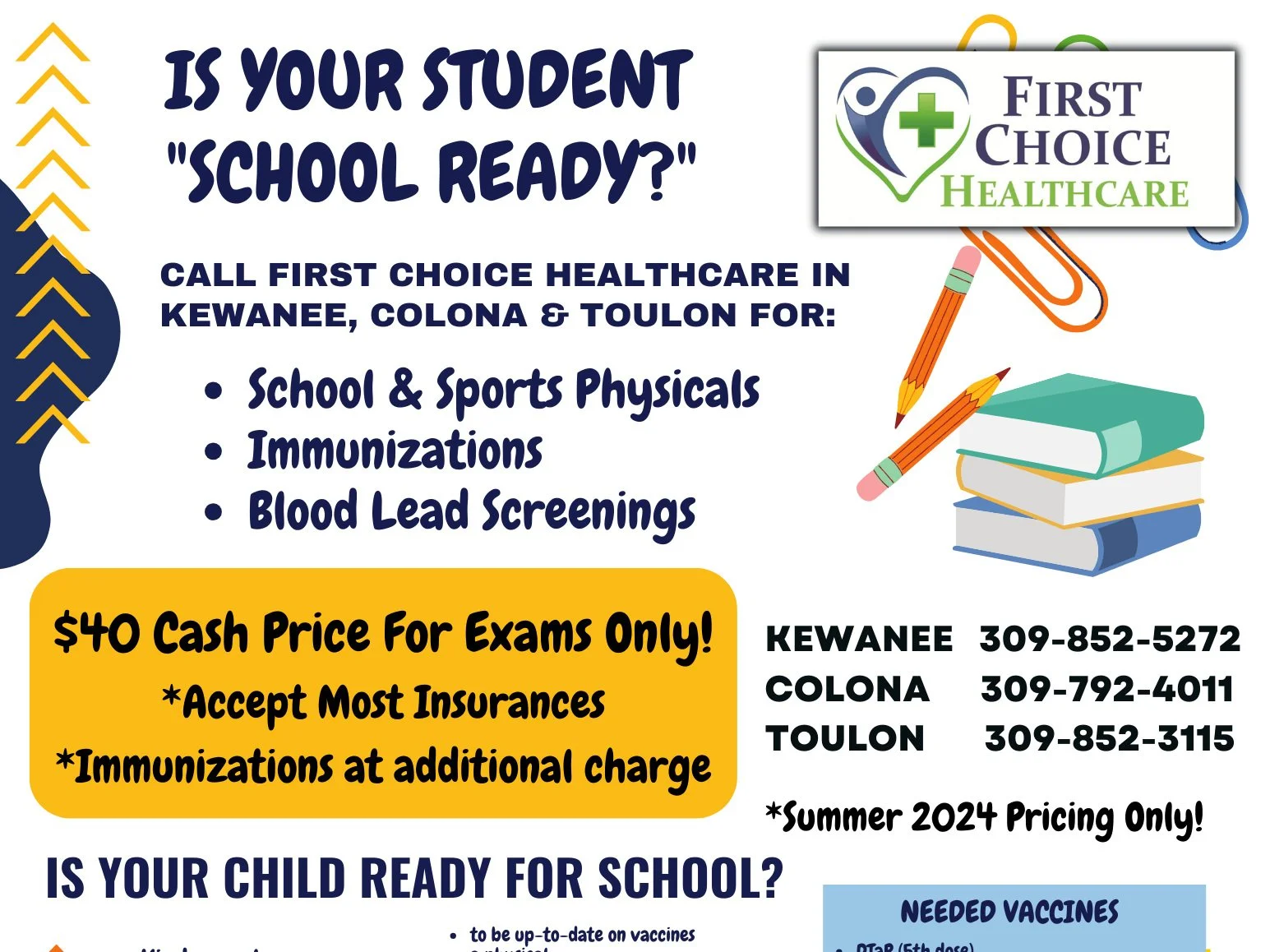 The Henry &amp; Stark County Health Departments and First Choice Healthcare Announce “Walk-In” School Ready Exam Clinics on Monday, August 12th from 12-6pm in Kewanee, Colona and Toulon