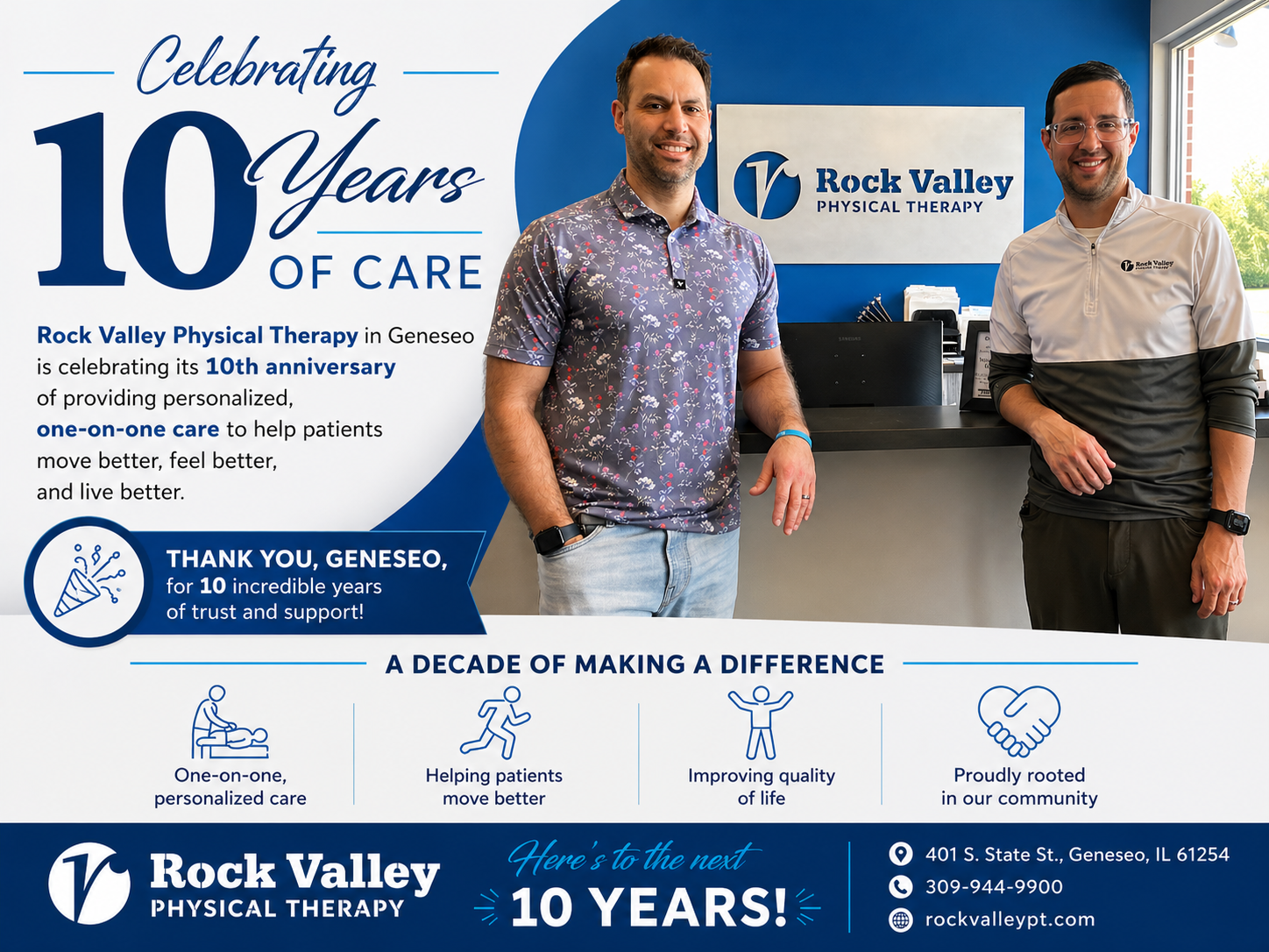 Rock Valley Physical Therapy in Geneseo Notes 10th Anniversary