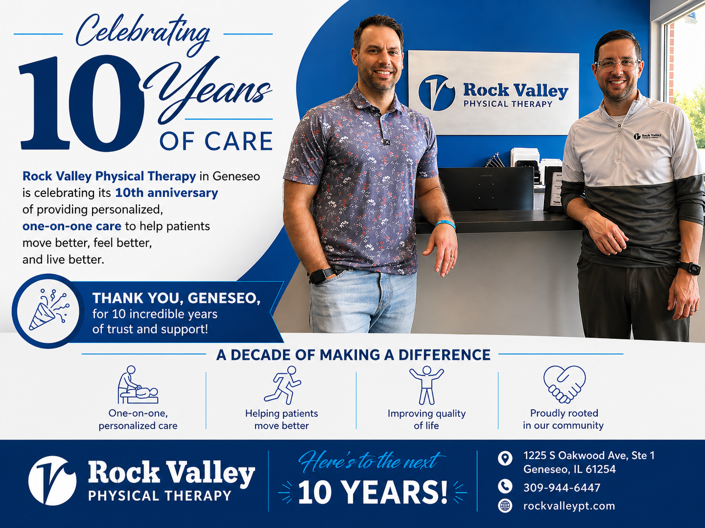 Rock Valley Physical Therapy in Geneseo Notes 10th Anniversary