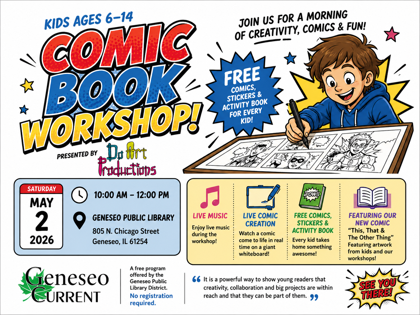 Comic Book Workshop for Kids May 2 at Geneseo Library