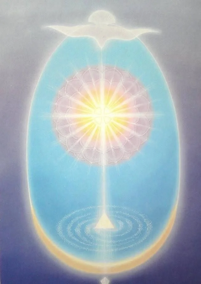 Abstract spiritual illustration featuring a luminous central figure with radiant light, surrounded by geometric patterns and a halo, in soft pastel colors.
