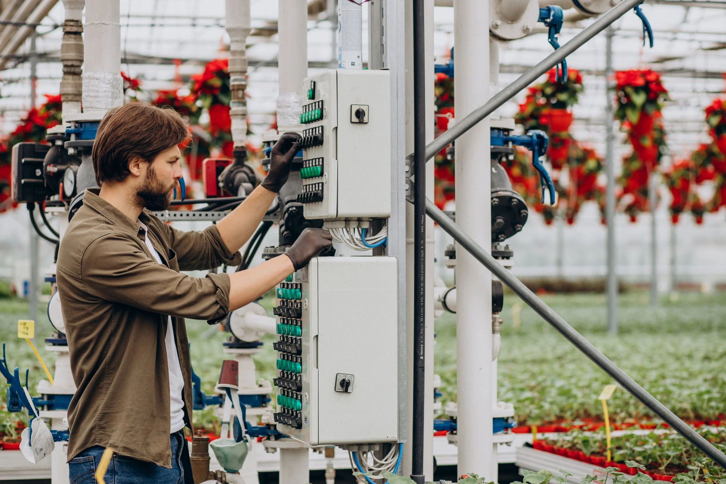 A man wearing gloves working on electrical control panels inside a greenhouse with hanging red flowers.