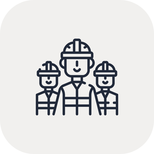 Icon of three people with a gear in the background and two hands shaking in the foreground.