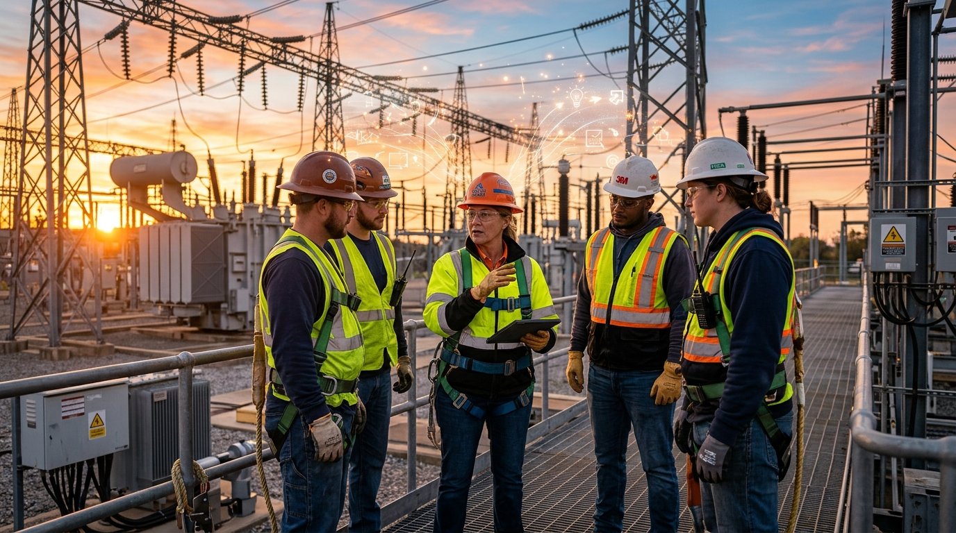 Line workers engaging in purpose-driven safety leadership discussion at an industrial site, highlighting communication, awareness, and high-performance teamwork.